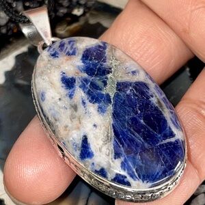 White Calcite & Navy Sodalite Crystal Pendant 2 1/2”